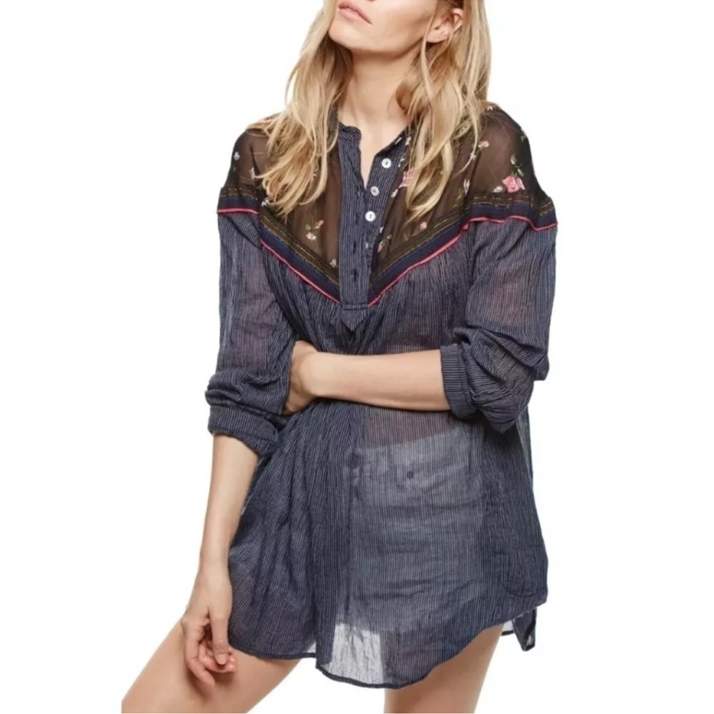 EUC Free People Floral Top Hearts & Colors Blouse Pockets Boho Shirt Small Sheer
